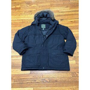 Eddie Bauer Mens Premium Goose Down Parka Jacket Sz XL Black Fur Trim Hood Heavy